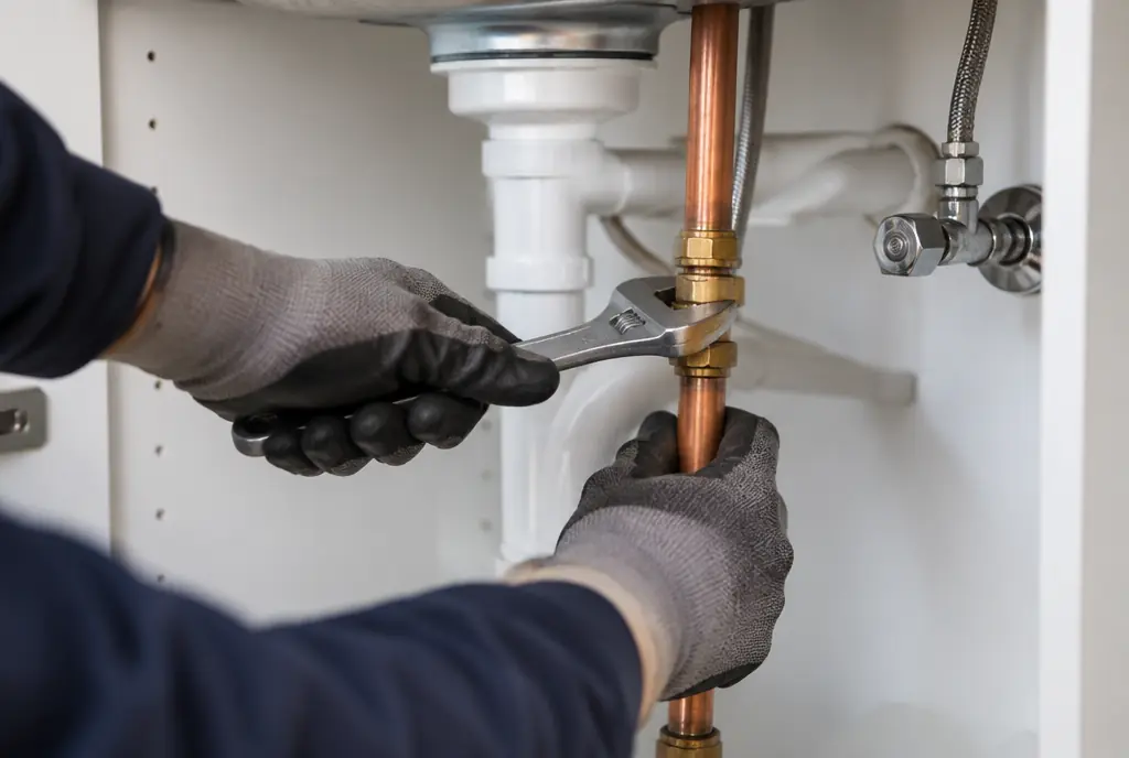 Plumber tightening a copper pipe fitting under a kitchen sink